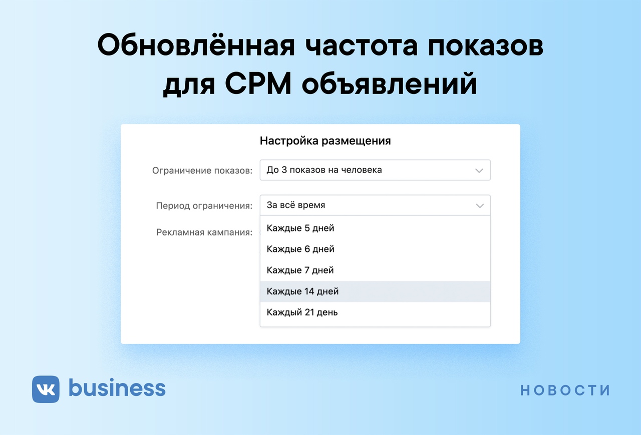 «ВКонтакте для бизнеса» обновил частоту показов для CPM объявлений